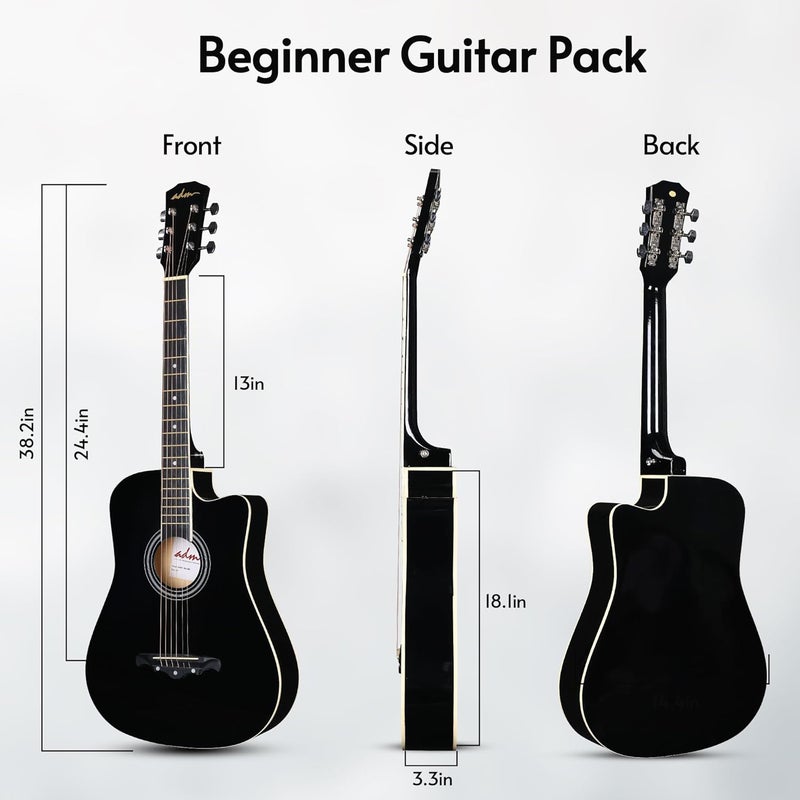 ADM 38" Inch Acoustic Guitar Bundle for Beginners Adults with Online Lesson, Cutaway Wood Acustica Guitarra Starter Set Package with Gig Bag, Strap, Steel Strings, Picks, Capos, Stand, Black - Image 4